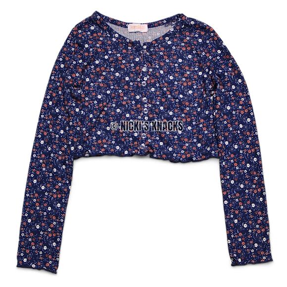 4/$20 - Kensie Girl Long Sleeve Floral Crop Top Navy Blue Button Front Size 12 - Picture 2 of 8